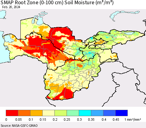 Central Asia SMAP Root Zone (0-100 cm) Soil Moisture (m³/m³) Thematic Map For 2/16/2024 - 2/20/2024