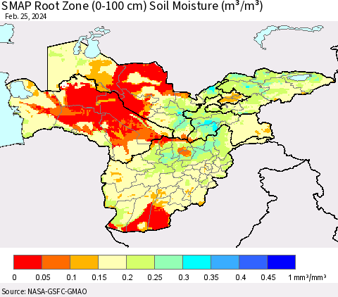 Central Asia SMAP Root Zone (0-100 cm) Soil Moisture (m³/m³) Thematic Map For 2/21/2024 - 2/25/2024