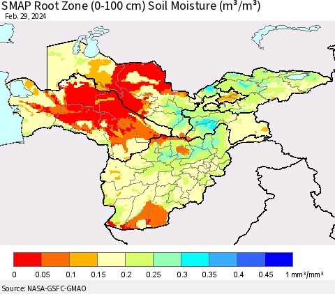 Central Asia SMAP Root Zone (0-100 cm) Soil Moisture (m³/m³) Thematic Map For 2/26/2024 - 2/29/2024
