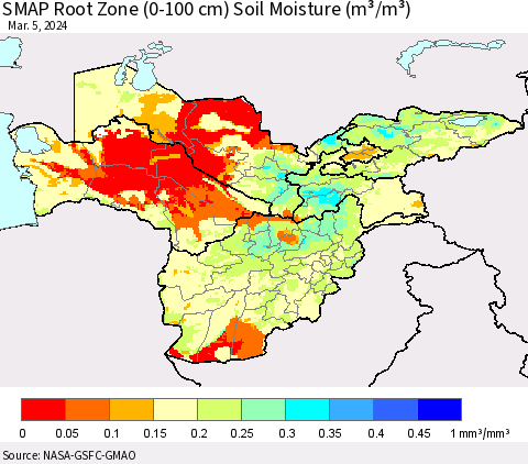 Central Asia SMAP Root Zone (0-100 cm) Soil Moisture (m³/m³) Thematic Map For 3/1/2024 - 3/5/2024