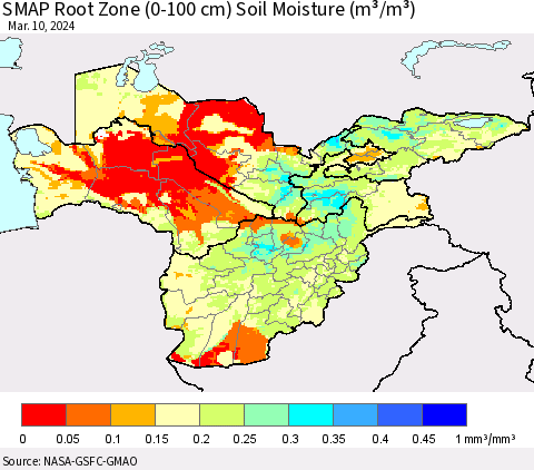 Central Asia SMAP Root Zone (0-100 cm) Soil Moisture (m³/m³) Thematic Map For 3/6/2024 - 3/10/2024