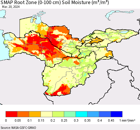 Central Asia SMAP Root Zone (0-100 cm) Soil Moisture (m³/m³) Thematic Map For 3/16/2024 - 3/20/2024