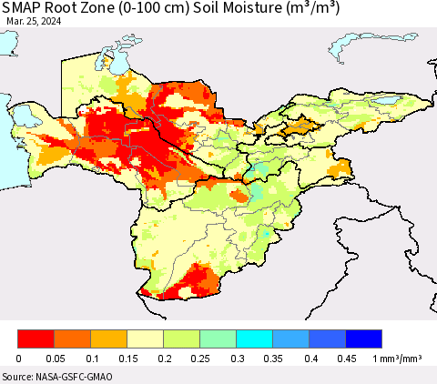 Central Asia SMAP Root Zone (0-100 cm) Soil Moisture (m³/m³) Thematic Map For 3/21/2024 - 3/25/2024