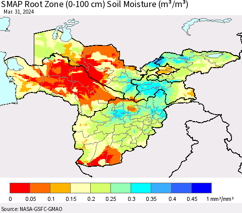 Central Asia SMAP Root Zone (0-100 cm) Soil Moisture (m³/m³) Thematic Map For 3/26/2024 - 3/31/2024