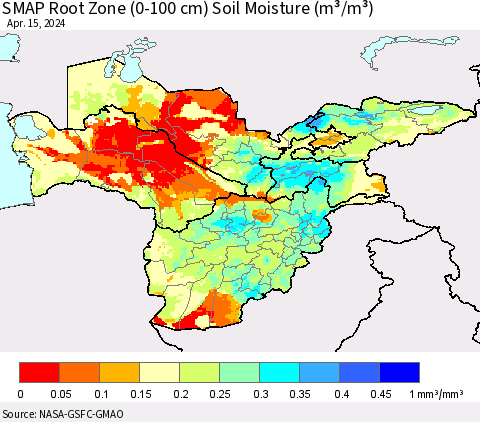 Central Asia SMAP Root Zone (0-100 cm) Soil Moisture (m³/m³) Thematic Map For 4/11/2024 - 4/15/2024