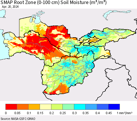 Central Asia SMAP Root Zone (0-100 cm) Soil Moisture (m³/m³) Thematic Map For 4/16/2024 - 4/20/2024