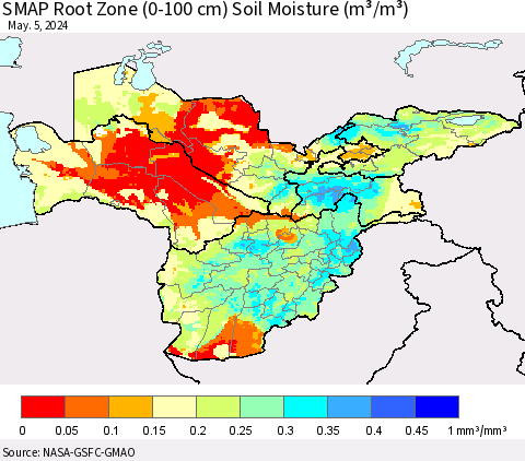 Central Asia SMAP Root Zone (0-100 cm) Soil Moisture (m³/m³) Thematic Map For 5/1/2024 - 5/5/2024
