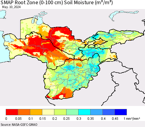 Central Asia SMAP Root Zone (0-100 cm) Soil Moisture (m³/m³) Thematic Map For 5/6/2024 - 5/10/2024
