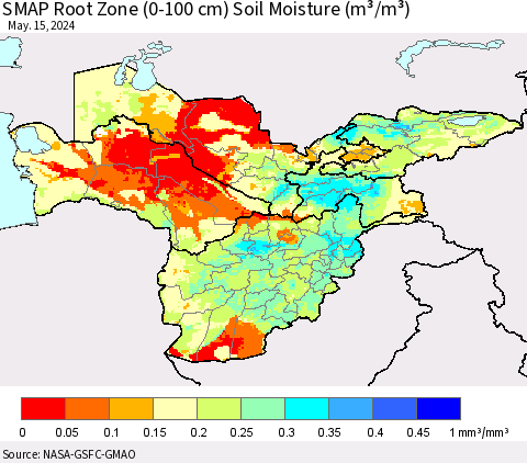 Central Asia SMAP Root Zone (0-100 cm) Soil Moisture (m³/m³) Thematic Map For 5/11/2024 - 5/15/2024