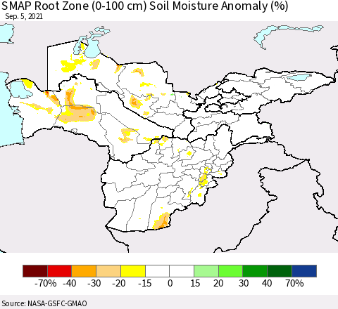 Central Asia SMAP Root Zone (0-100 cm) Soil Moisture Anomaly (%) Thematic Map For 9/1/2021 - 9/5/2021