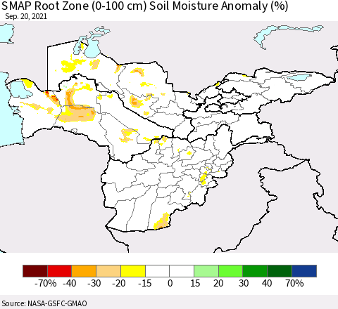 Central Asia SMAP Root Zone (0-100 cm) Soil Moisture Anomaly (%) Thematic Map For 9/16/2021 - 9/20/2021