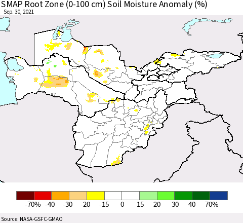Central Asia SMAP Root Zone (0-100 cm) Soil Moisture Anomaly (%) Thematic Map For 9/26/2021 - 9/30/2021