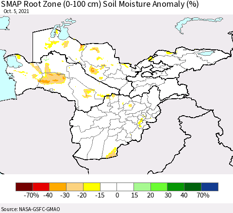 Central Asia SMAP Root Zone (0-100 cm) Soil Moisture Anomaly (%) Thematic Map For 10/1/2021 - 10/5/2021