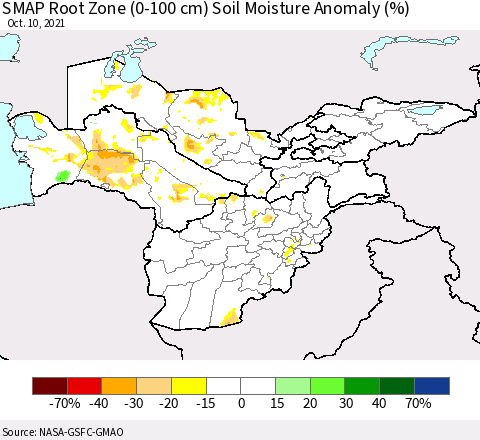 Central Asia SMAP Root Zone (0-100 cm) Soil Moisture Anomaly (%) Thematic Map For 10/6/2021 - 10/10/2021