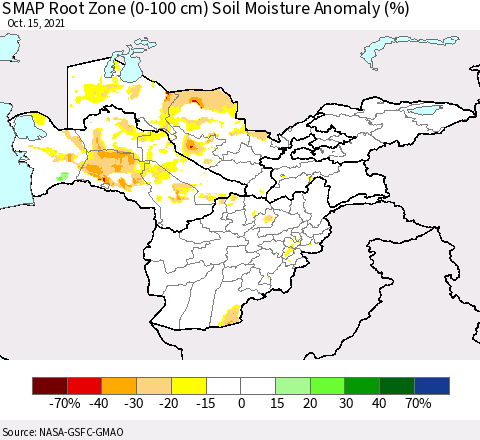 Central Asia SMAP Root Zone (0-100 cm) Soil Moisture Anomaly (%) Thematic Map For 10/11/2021 - 10/15/2021