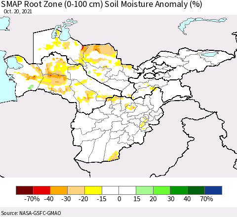 Central Asia SMAP Root Zone (0-100 cm) Soil Moisture Anomaly (%) Thematic Map For 10/16/2021 - 10/20/2021