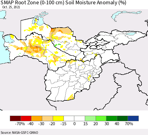 Central Asia SMAP Root Zone (0-100 cm) Soil Moisture Anomaly (%) Thematic Map For 10/21/2021 - 10/25/2021