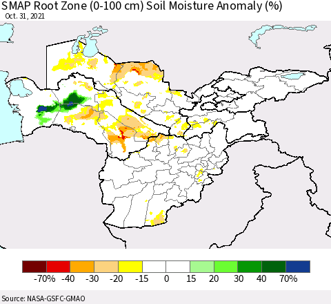 Central Asia SMAP Root Zone (0-100 cm) Soil Moisture Anomaly (%) Thematic Map For 10/26/2021 - 10/31/2021