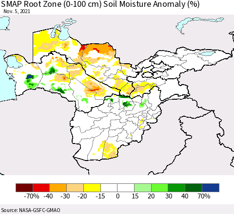 Central Asia SMAP Root Zone (0-100 cm) Soil Moisture Anomaly (%) Thematic Map For 11/1/2021 - 11/5/2021