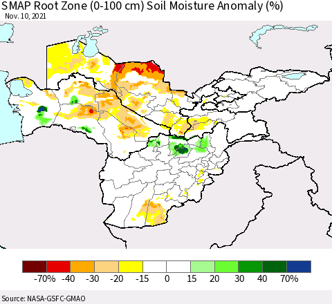 Central Asia SMAP Root Zone (0-100 cm) Soil Moisture Anomaly (%) Thematic Map For 11/6/2021 - 11/10/2021
