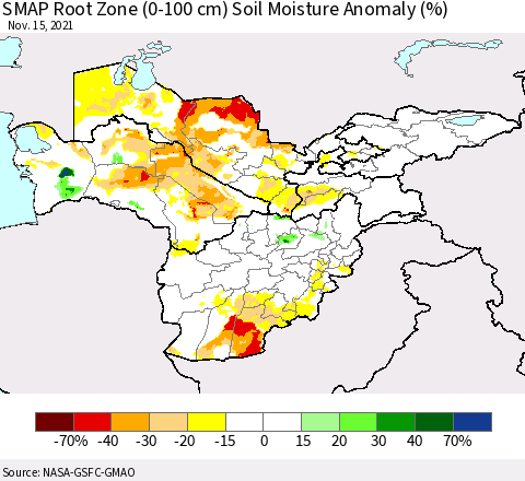 Central Asia SMAP Root Zone (0-100 cm) Soil Moisture Anomaly (%) Thematic Map For 11/11/2021 - 11/15/2021