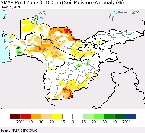 Central Asia SMAP Root Zone (0-100 cm) Soil Moisture Anomaly (%) Thematic Map For 11/16/2021 - 11/20/2021