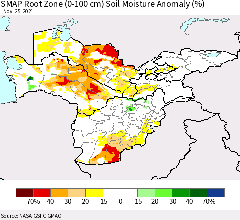 Central Asia SMAP Root Zone (0-100 cm) Soil Moisture Anomaly (%) Thematic Map For 11/21/2021 - 11/25/2021
