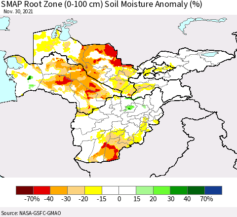 Central Asia SMAP Root Zone (0-100 cm) Soil Moisture Anomaly (%) Thematic Map For 11/26/2021 - 11/30/2021