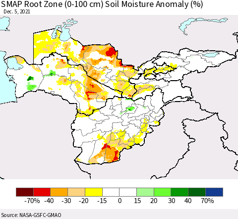 Central Asia SMAP Root Zone (0-100 cm) Soil Moisture Anomaly (%) Thematic Map For 12/1/2021 - 12/5/2021