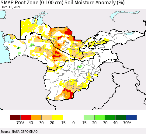 Central Asia SMAP Root Zone (0-100 cm) Soil Moisture Anomaly (%) Thematic Map For 12/6/2021 - 12/10/2021