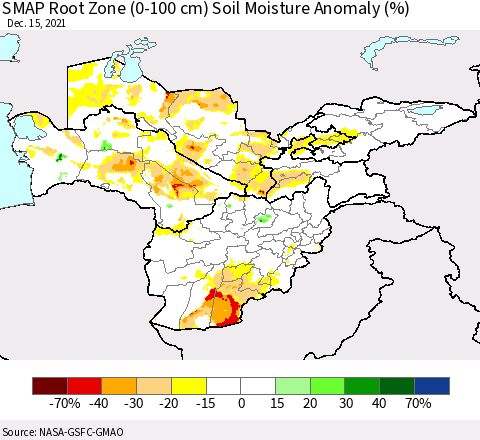 Central Asia SMAP Root Zone (0-100 cm) Soil Moisture Anomaly (%) Thematic Map For 12/11/2021 - 12/15/2021