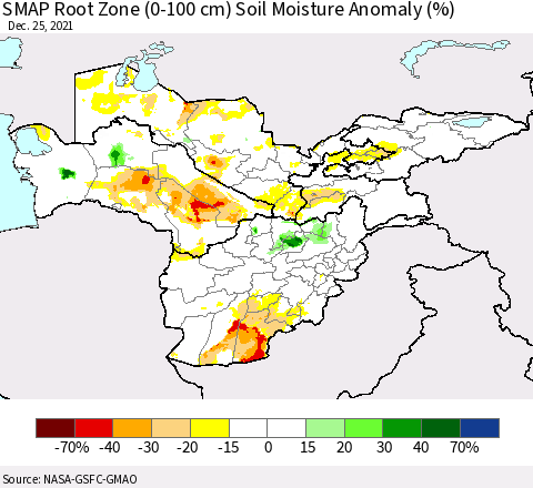 Central Asia SMAP Root Zone (0-100 cm) Soil Moisture Anomaly (%) Thematic Map For 12/21/2021 - 12/25/2021