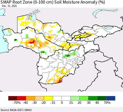 Central Asia SMAP Root Zone (0-100 cm) Soil Moisture Anomaly (%) Thematic Map For 12/26/2021 - 12/31/2021