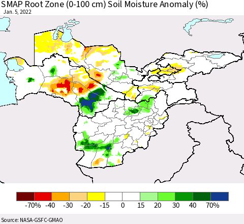 Central Asia SMAP Root Zone (0-100 cm) Soil Moisture Anomaly (%) Thematic Map For 1/1/2022 - 1/5/2022