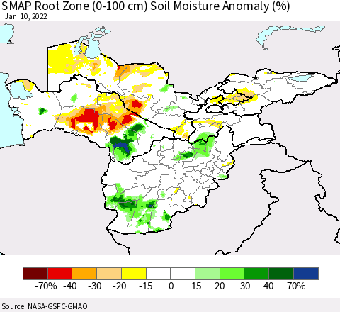Central Asia SMAP Root Zone (0-100 cm) Soil Moisture Anomaly (%) Thematic Map For 1/6/2022 - 1/10/2022