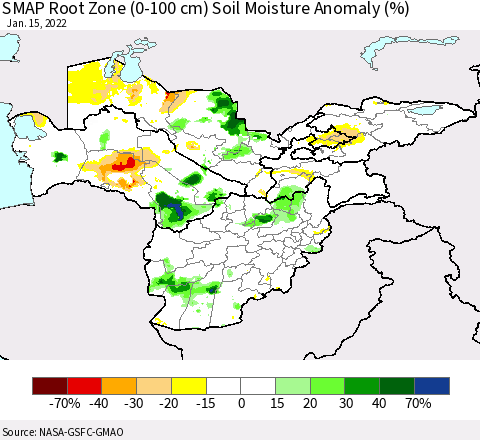Central Asia SMAP Root Zone (0-100 cm) Soil Moisture Anomaly (%) Thematic Map For 1/11/2022 - 1/15/2022