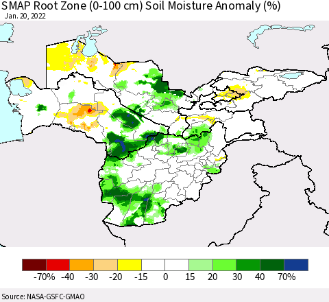 Central Asia SMAP Root Zone (0-100 cm) Soil Moisture Anomaly (%) Thematic Map For 1/16/2022 - 1/20/2022