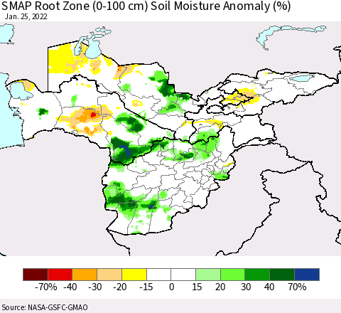 Central Asia SMAP Root Zone (0-100 cm) Soil Moisture Anomaly (%) Thematic Map For 1/21/2022 - 1/25/2022