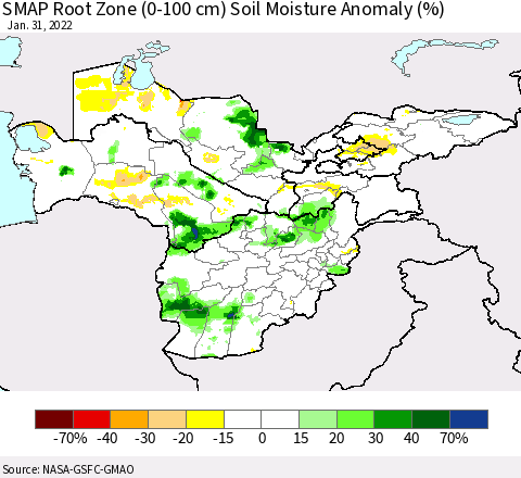 Central Asia SMAP Root Zone (0-100 cm) Soil Moisture Anomaly (%) Thematic Map For 1/26/2022 - 1/31/2022