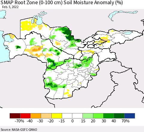 Central Asia SMAP Root Zone (0-100 cm) Soil Moisture Anomaly (%) Thematic Map For 2/1/2022 - 2/5/2022
