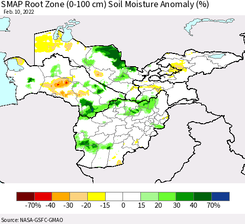 Central Asia SMAP Root Zone (0-100 cm) Soil Moisture Anomaly (%) Thematic Map For 2/6/2022 - 2/10/2022