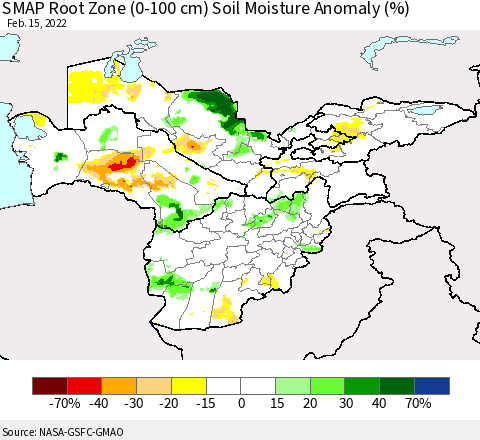 Central Asia SMAP Root Zone (0-100 cm) Soil Moisture Anomaly (%) Thematic Map For 2/11/2022 - 2/15/2022