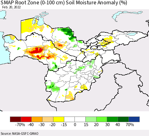 Central Asia SMAP Root Zone (0-100 cm) Soil Moisture Anomaly (%) Thematic Map For 2/16/2022 - 2/20/2022