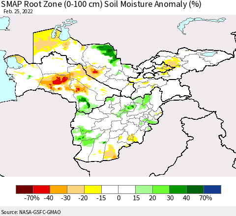 Central Asia SMAP Root Zone (0-100 cm) Soil Moisture Anomaly (%) Thematic Map For 2/21/2022 - 2/25/2022