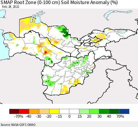 Central Asia SMAP Root Zone (0-100 cm) Soil Moisture Anomaly (%) Thematic Map For 2/26/2022 - 2/28/2022