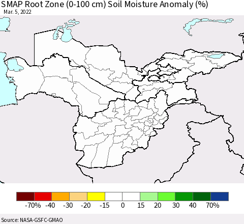 Central Asia SMAP Root Zone (0-100 cm) Soil Moisture Anomaly (%) Thematic Map For 3/1/2022 - 3/5/2022