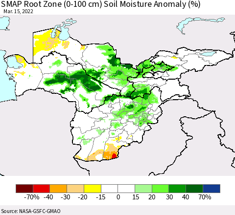 Central Asia SMAP Root Zone (0-100 cm) Soil Moisture Anomaly (%) Thematic Map For 3/11/2022 - 3/15/2022