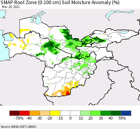 Central Asia SMAP Root Zone (0-100 cm) Soil Moisture Anomaly (%) Thematic Map For 3/16/2022 - 3/20/2022