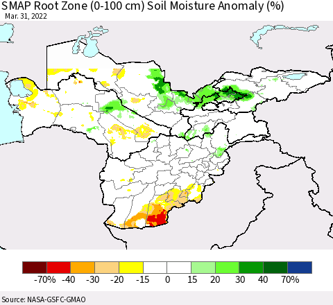 Central Asia SMAP Root Zone (0-100 cm) Soil Moisture Anomaly (%) Thematic Map For 3/26/2022 - 3/31/2022