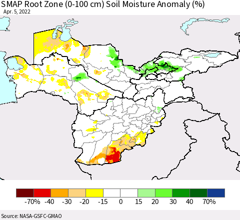 Central Asia SMAP Root Zone (0-100 cm) Soil Moisture Anomaly (%) Thematic Map For 4/1/2022 - 4/5/2022